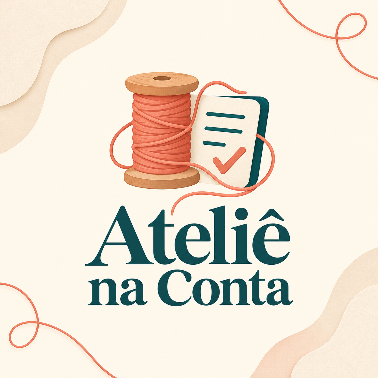 Logo Ateliê na Conta: carretel coral e checklist em petróleo