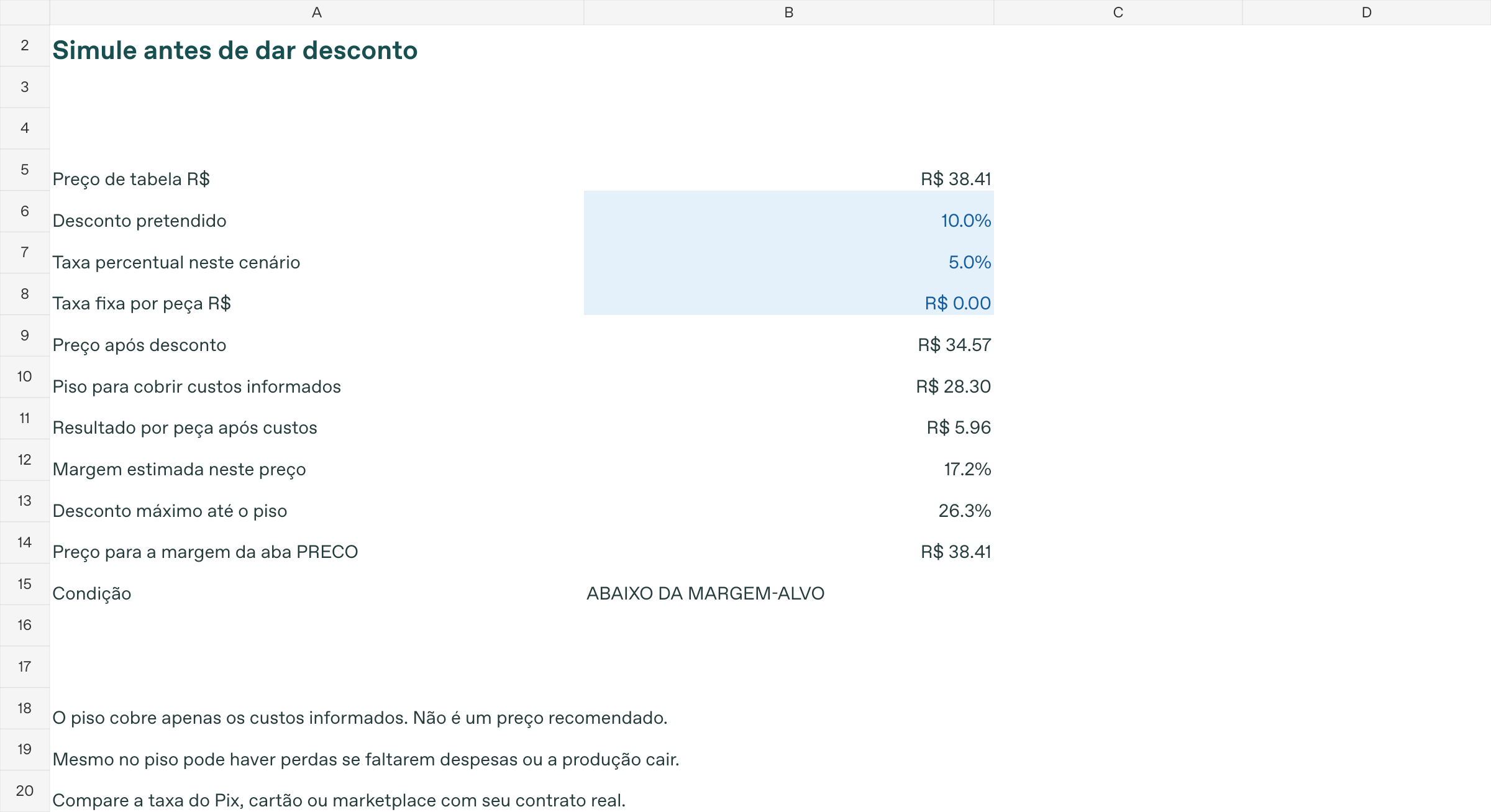 Prévia fiel da aba DESCONTO, com o cenário fictício de 10% e preço de R$34,57